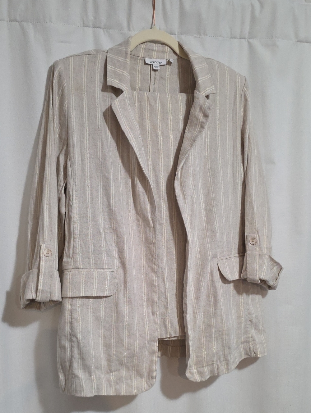 Chico's Neutral Stripe Linen-Blend Open Blazer Woth Matching Pants
